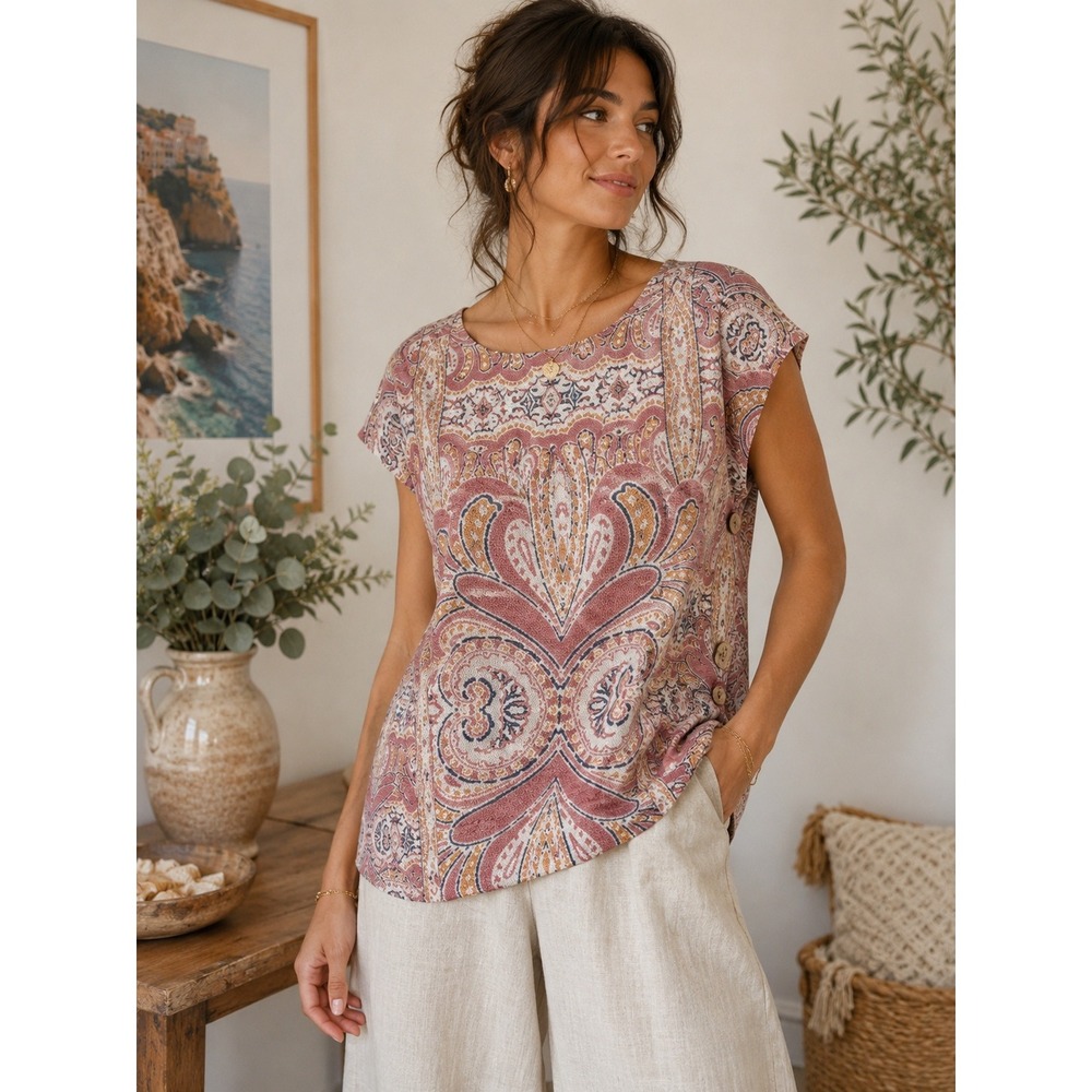 Rachel Zoe 100% Linen Paisley Boho Button Detail Top Large